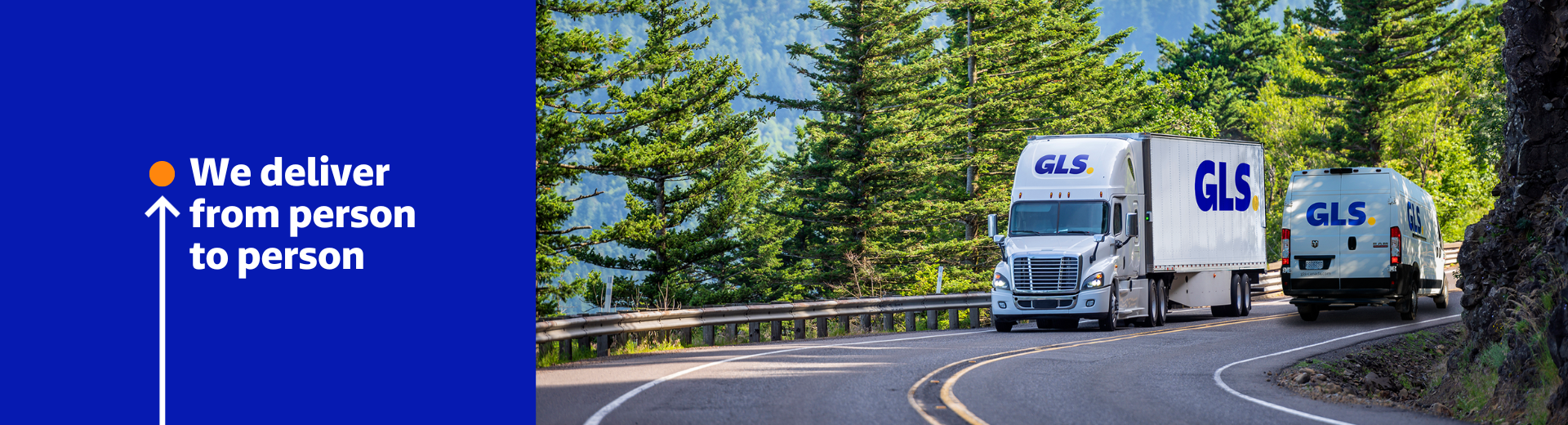 A GLS truck crosses a GLS parcel van on a road flanked by green trees under a clear sky, with the company's advertising slogan 