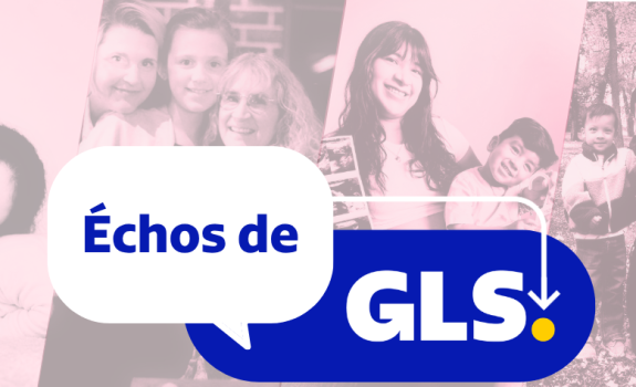 Fond bleu avec des images d'un joueur de hockey et d'un employé de GLS sur laquelle est inscrit « Échos de GLS » 