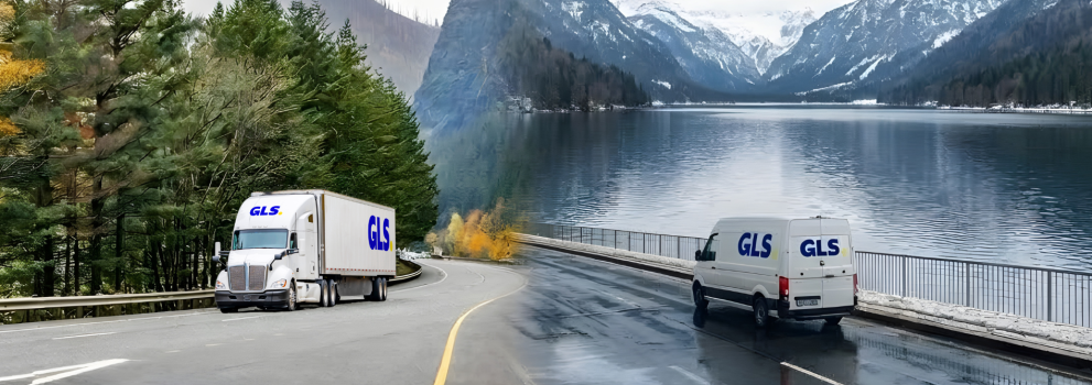 Image of Freight truck driving down a fall road merging with an image of a parcel van in winter.