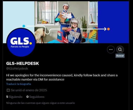 Example of phishing on social media using a fake account impersonating GLS customer service and requesting personal data such as phone number and email address.